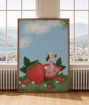 Ilustración encantadora de una niña en un campo de fresas