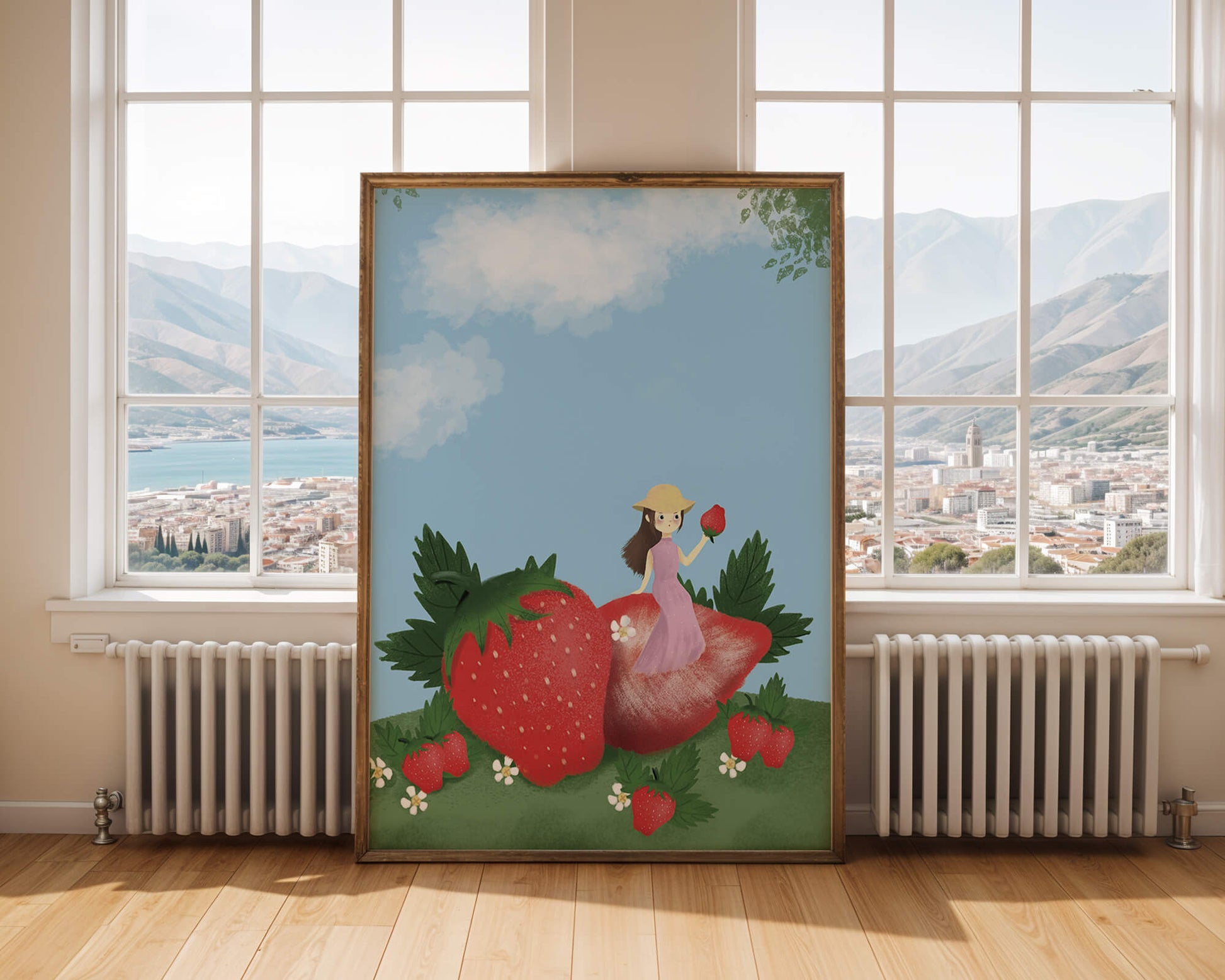 Charming illustration of a girl in a strawberry field