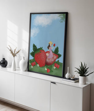 Ilustración encantadora de una niña en un campo de fresas