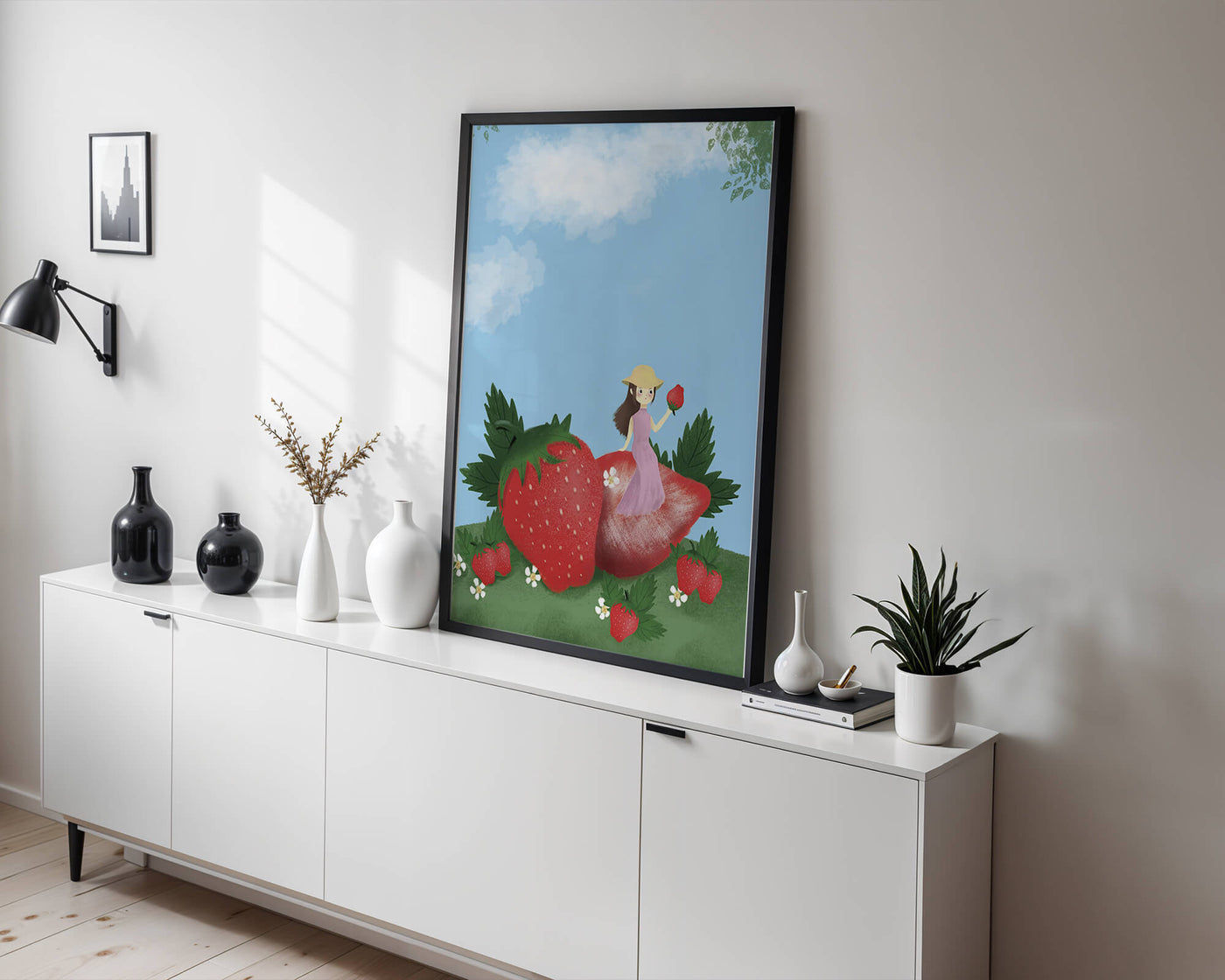 Charming illustration of a girl in a strawberry field