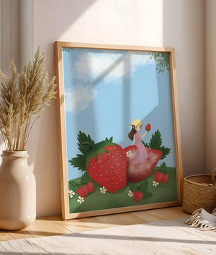 Ilustración encantadora de una niña en un campo de fresas