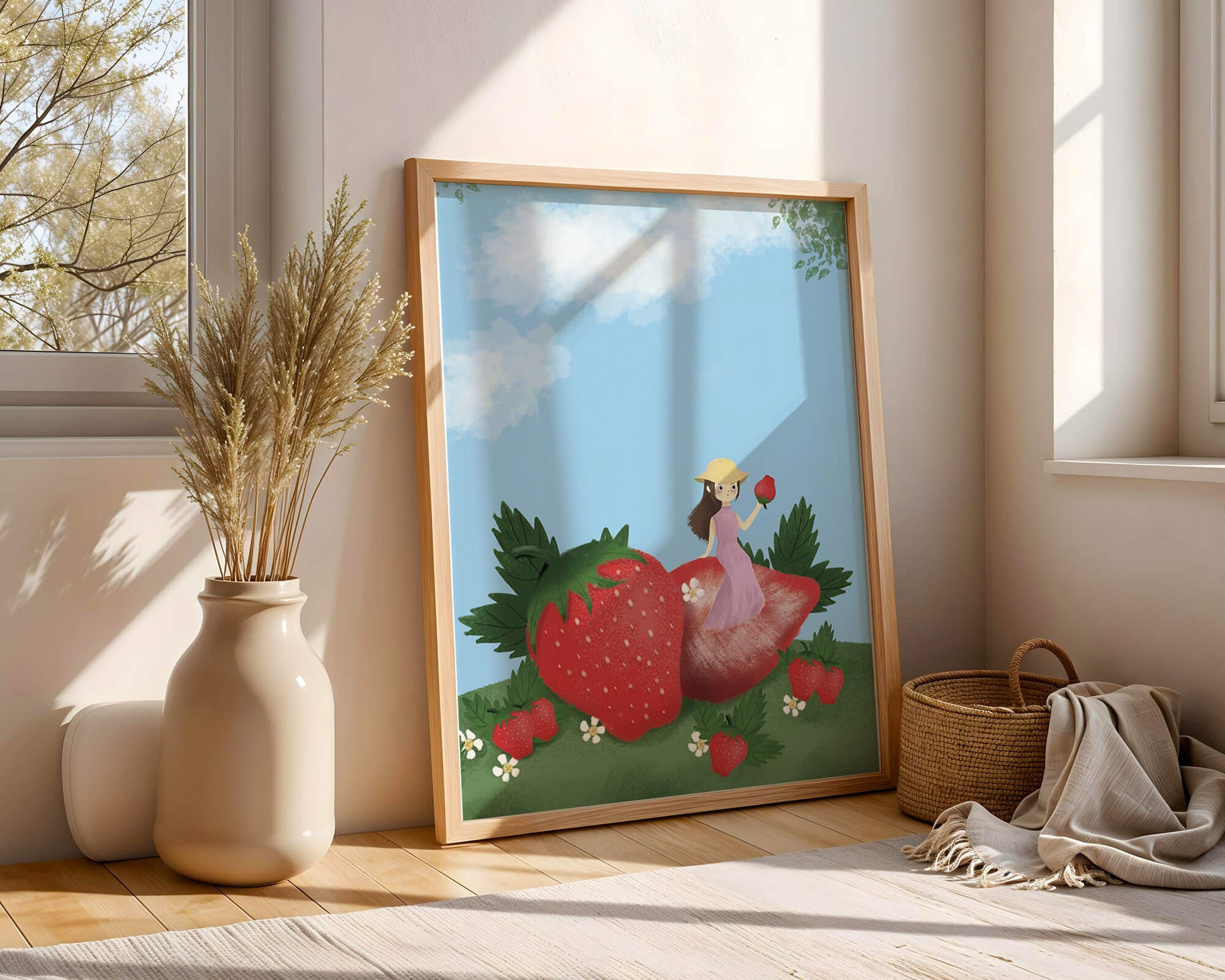 Charming illustration of a girl in a strawberry field