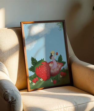Ilustración encantadora de una niña en un campo de fresas