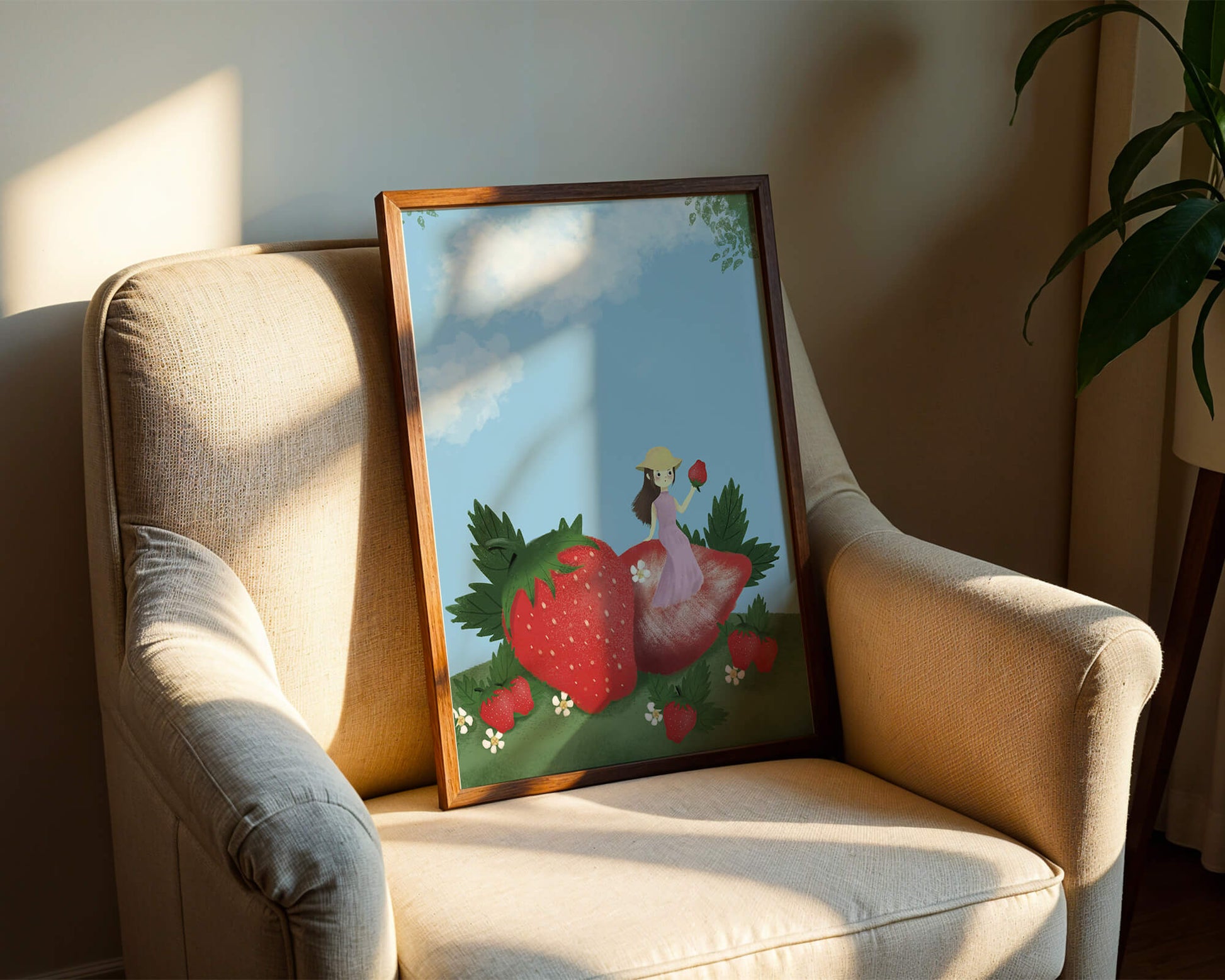 Charming illustration of a girl in a strawberry field