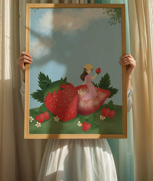 Ilustración encantadora de una niña en un campo de fresas