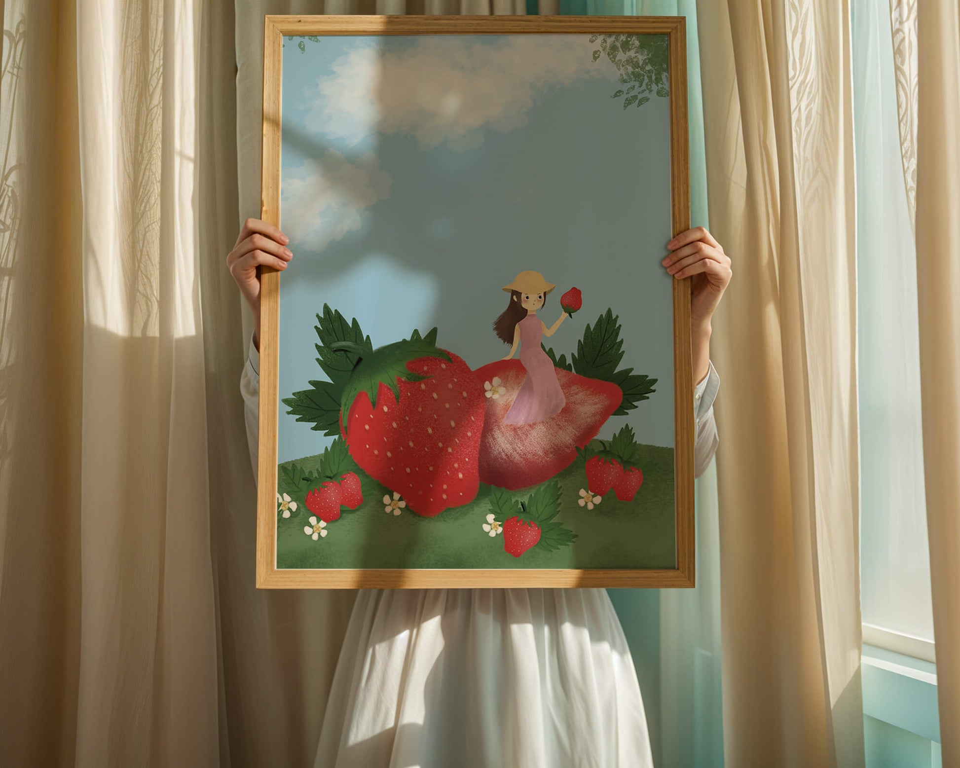 Charming illustration of a girl in a strawberry field