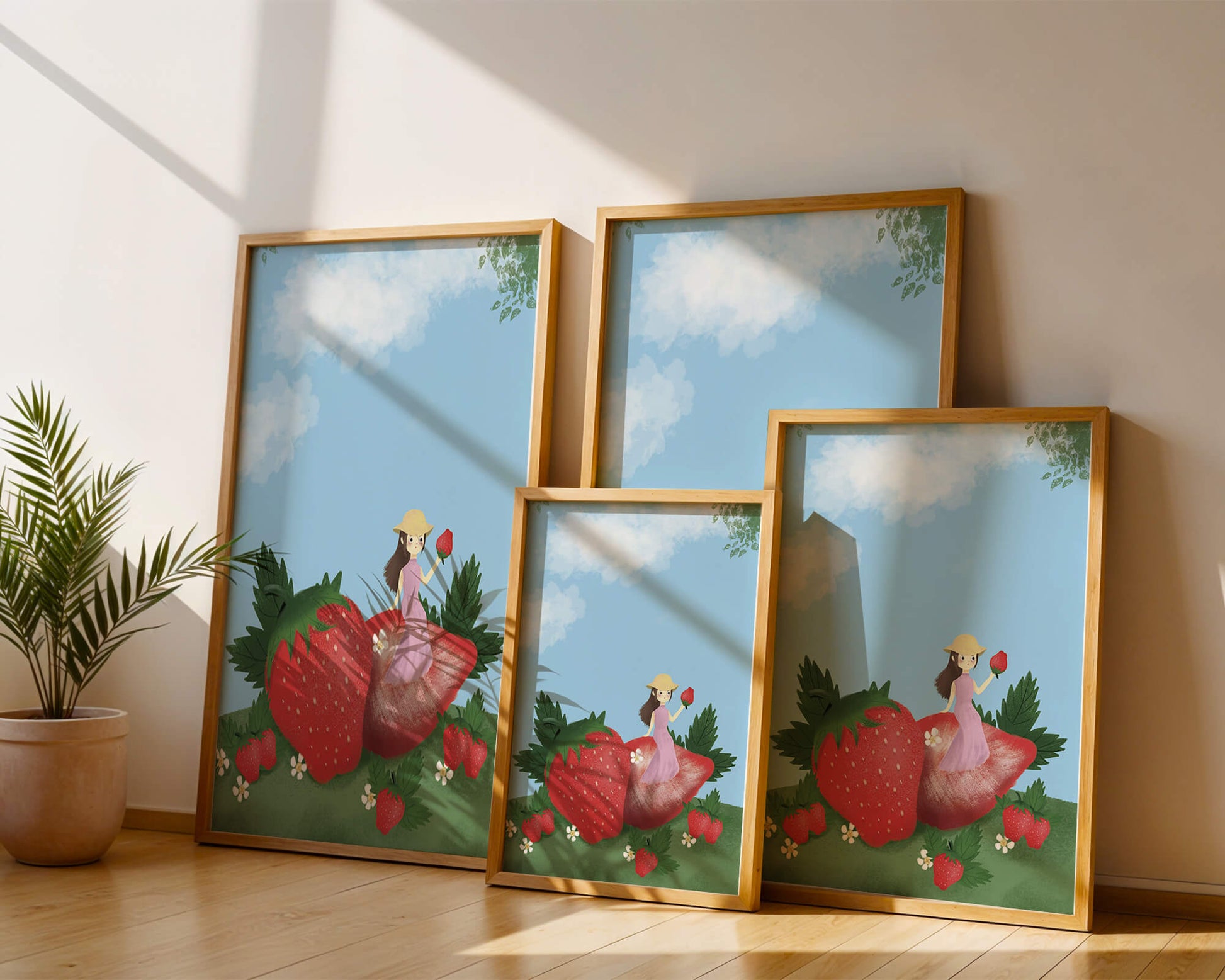 Charming illustration of a girl in a strawberry field