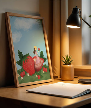 Ilustración encantadora de una niña en un campo de fresas