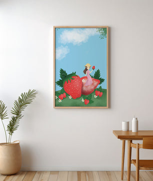Ilustración encantadora de una niña en un campo de fresas