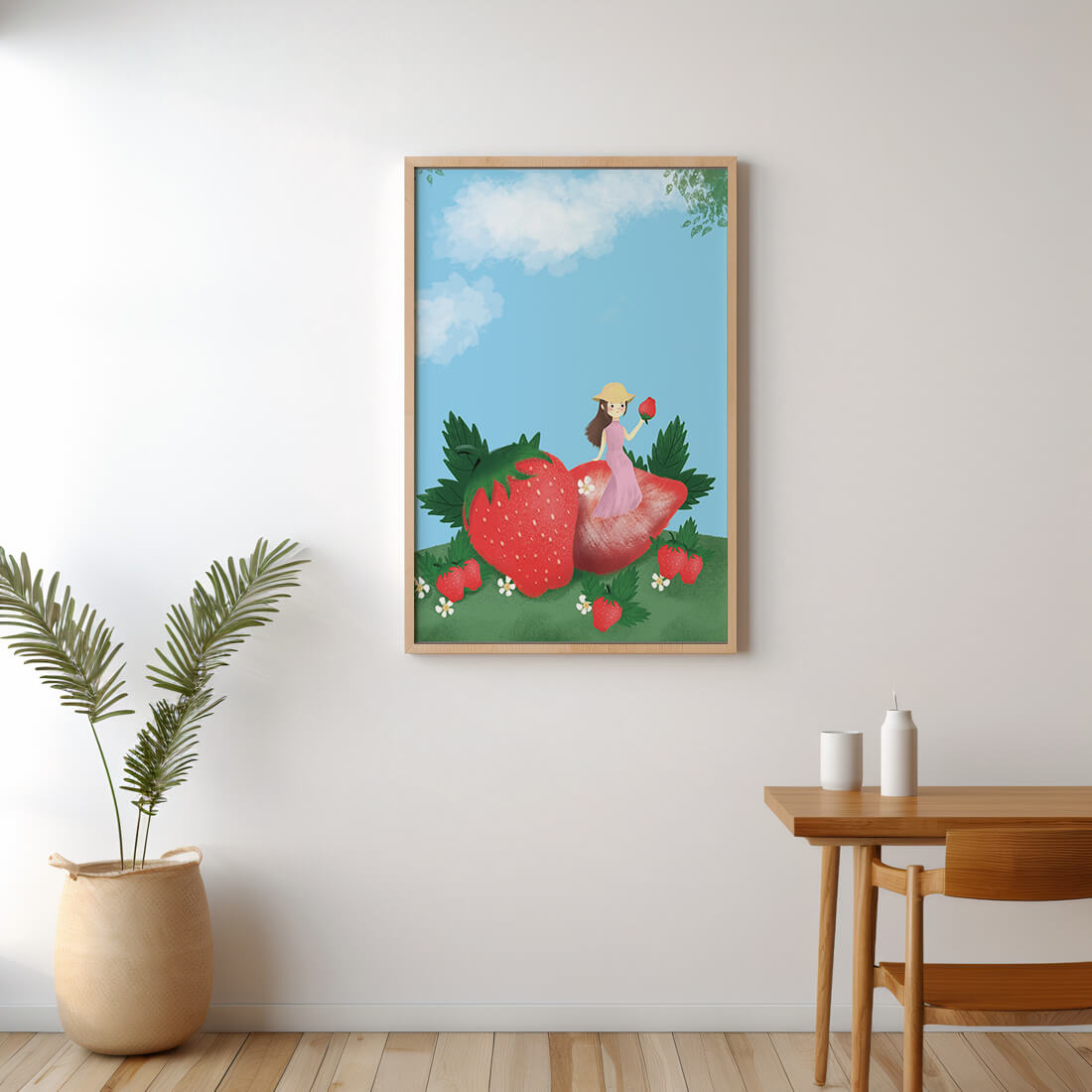 Charming illustration of a girl in a strawberry field