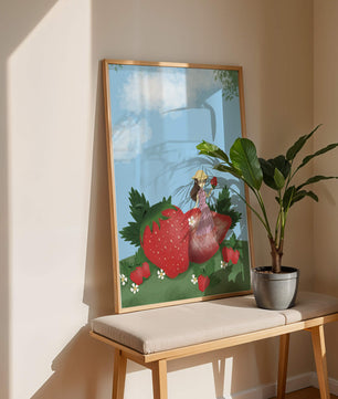 Ilustración encantadora de una niña en un campo de fresas