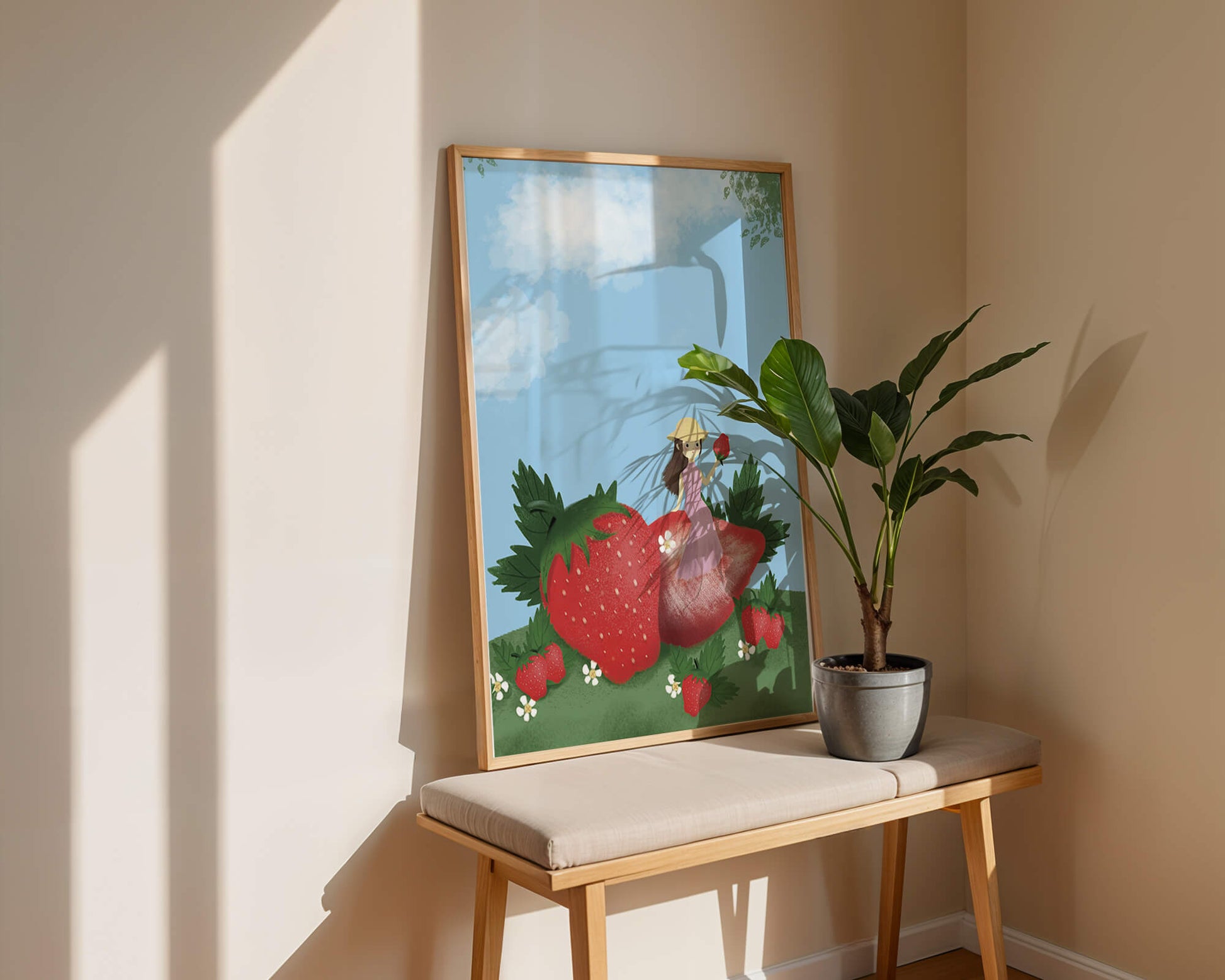 Charming illustration of a girl in a strawberry field