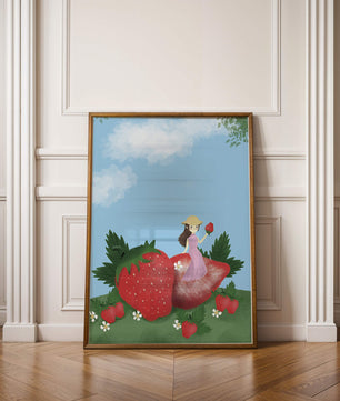 Ilustración encantadora de una niña en un campo de fresas