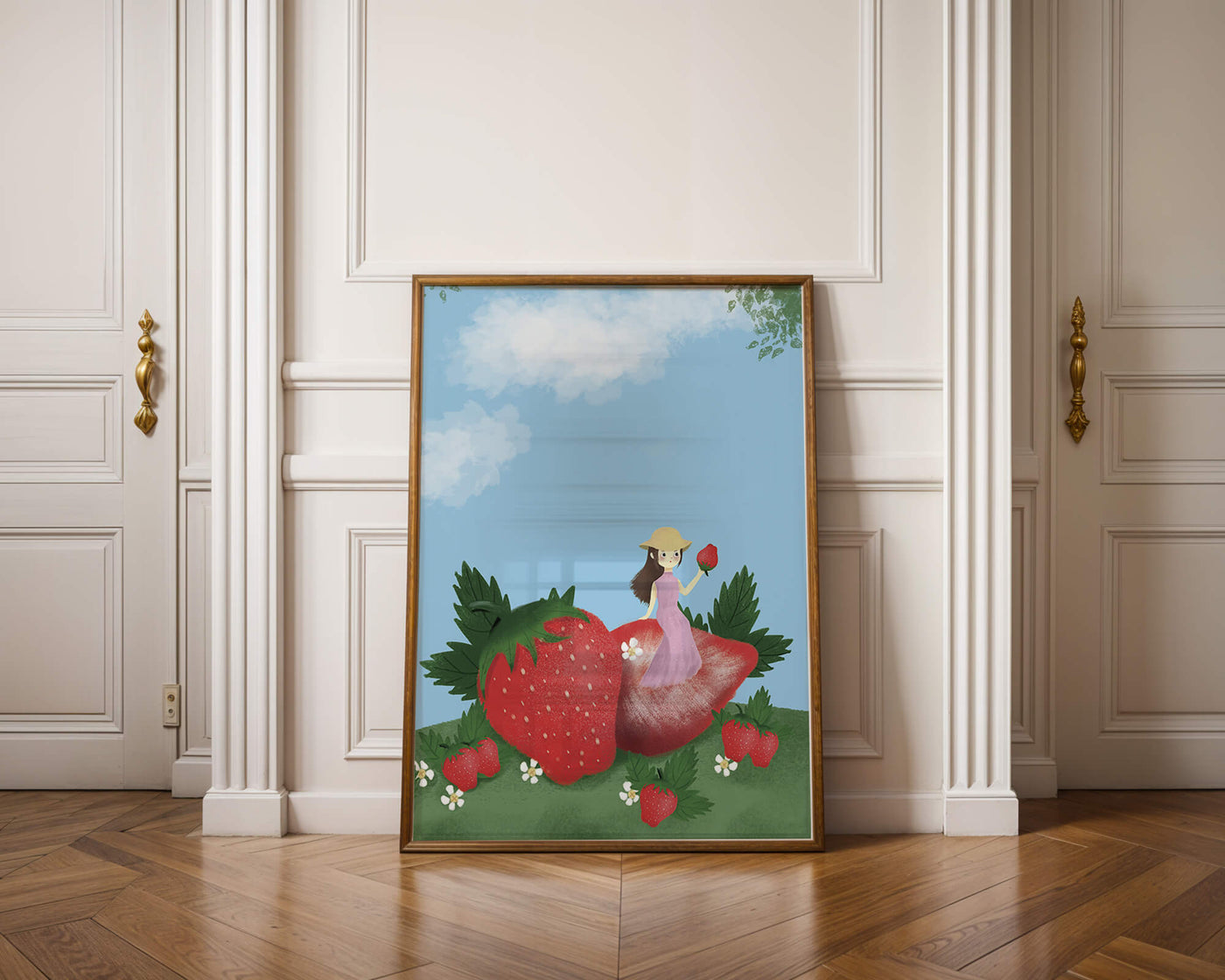 Charming illustration of a girl in a strawberry field