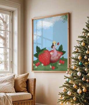 Ilustración encantadora de una niña en un campo de fresas