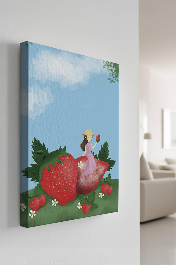 Charming illustration of a girl in a strawberry field