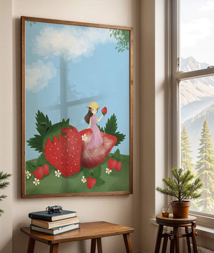 Ilustración encantadora de una niña en un campo de fresas