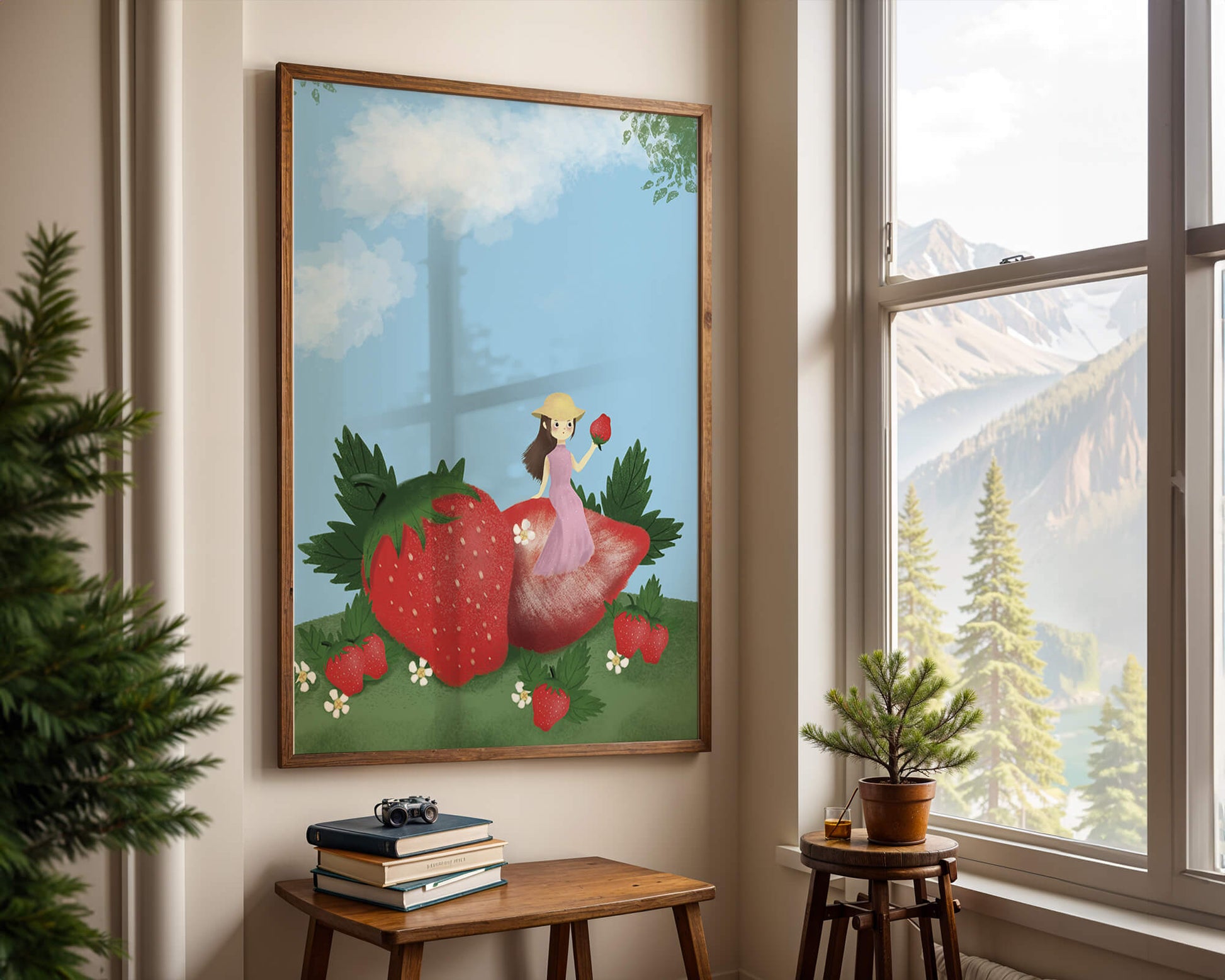 Charming illustration of a girl in a strawberry field