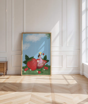 Ilustración encantadora de una niña en un campo de fresas