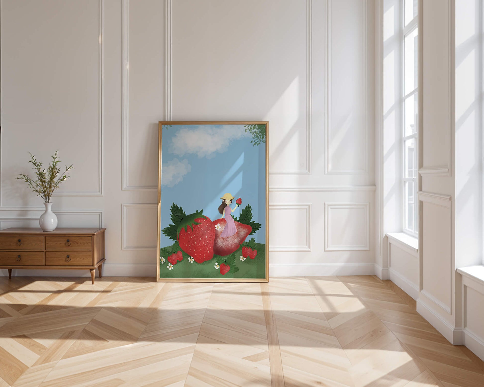Charming illustration of a girl in a strawberry field