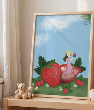 Ilustración encantadora de una niña en un campo de fresas