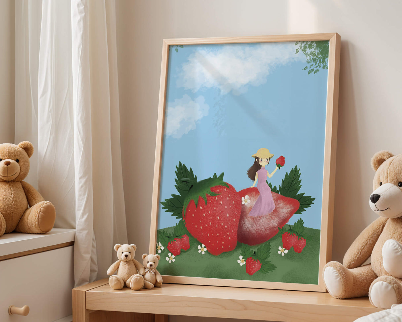 Charming illustration of a girl in a strawberry field