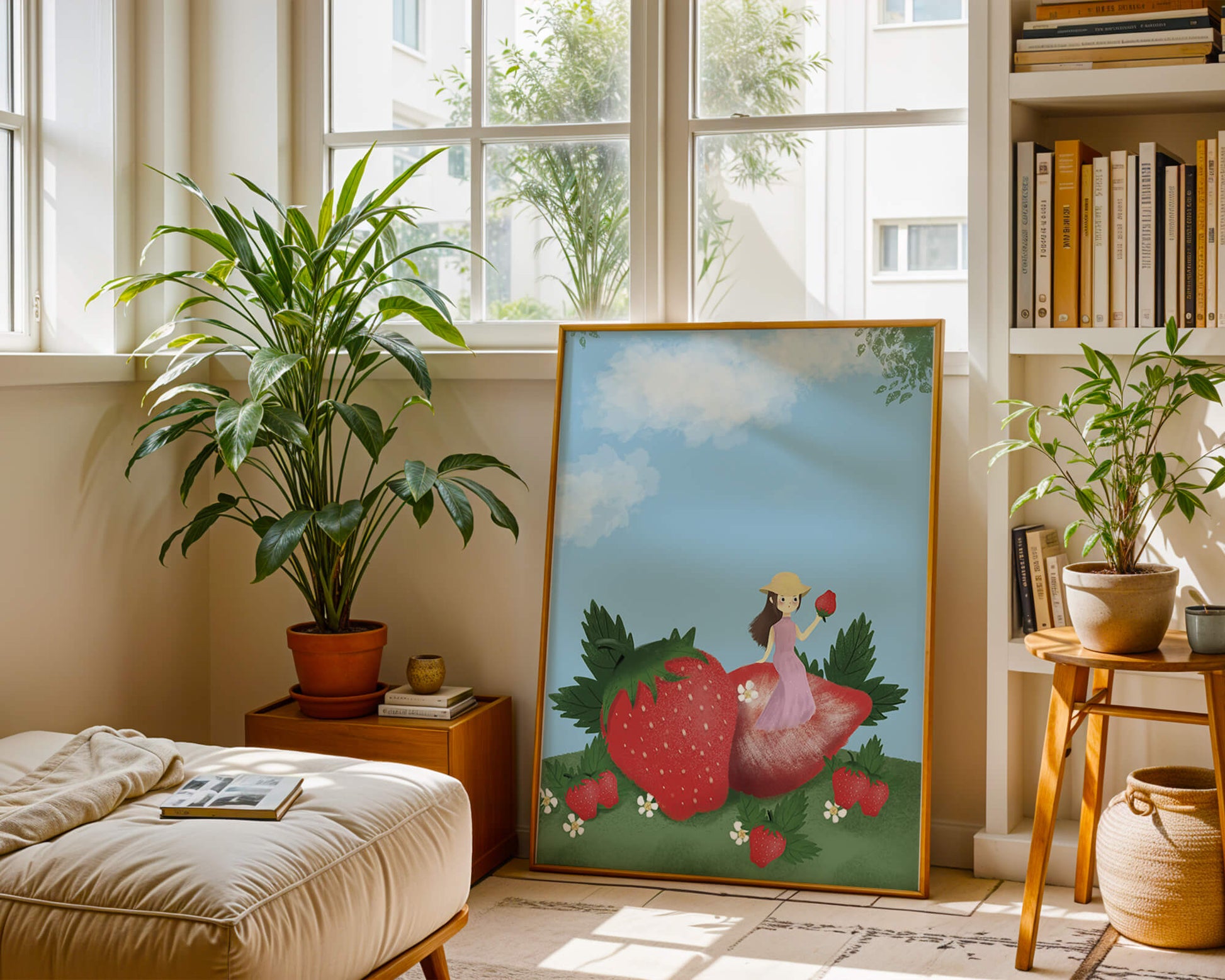 Charming illustration of a girl in a strawberry field