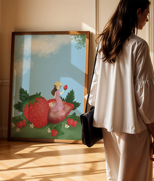 Ilustración encantadora de una niña en un campo de fresas