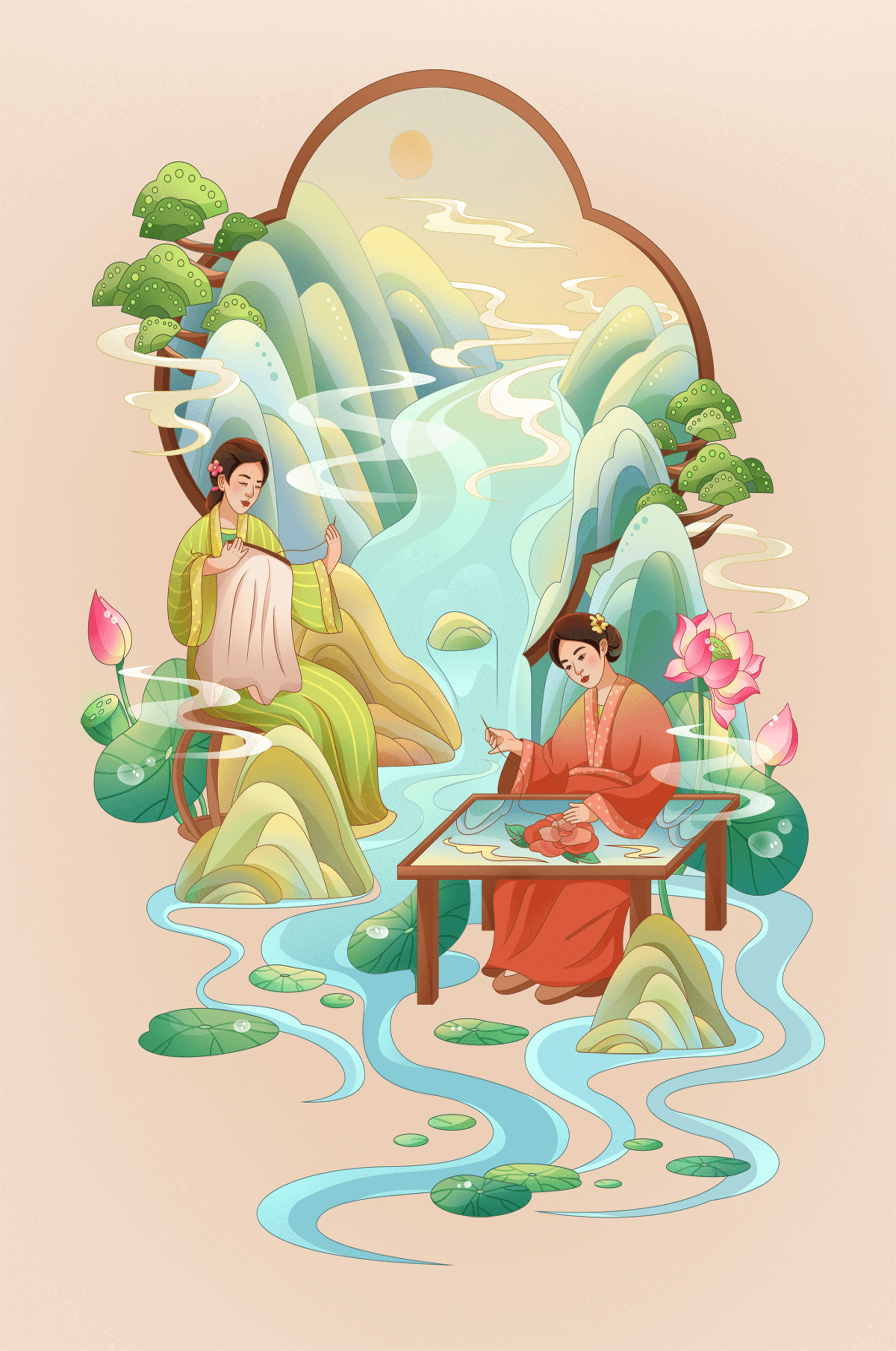 Serene water and nature scene with people in traditional attire