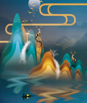 Paisaje abstracto con ciervo dorado y montañas en capas en una serena escena nocturna