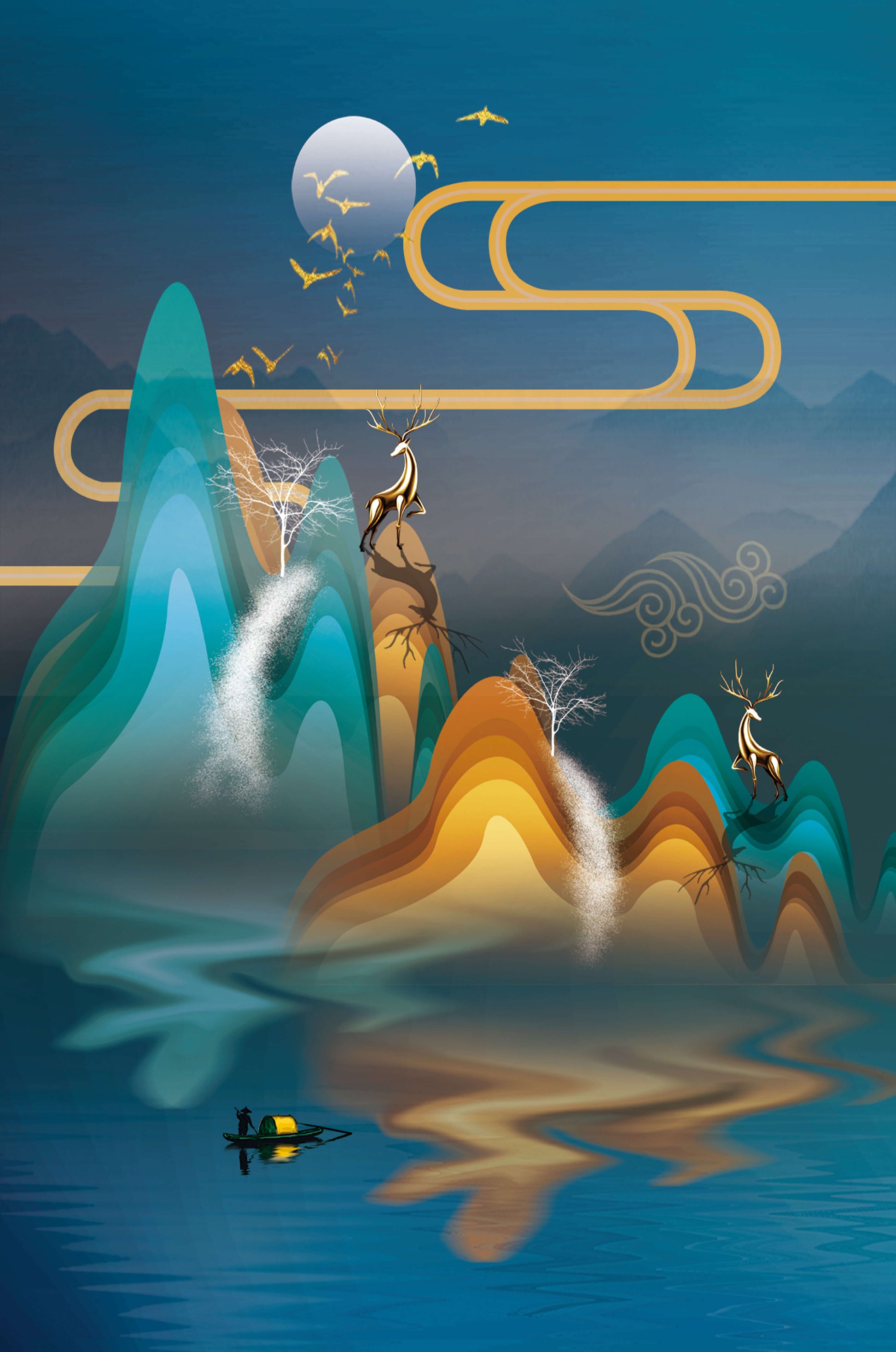 Abstract landscape with golden deer and layered mountains in serene night scene