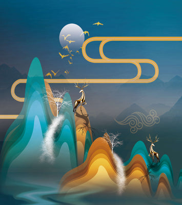 Abstract landscape with golden deer and layered mountains in serene night scene