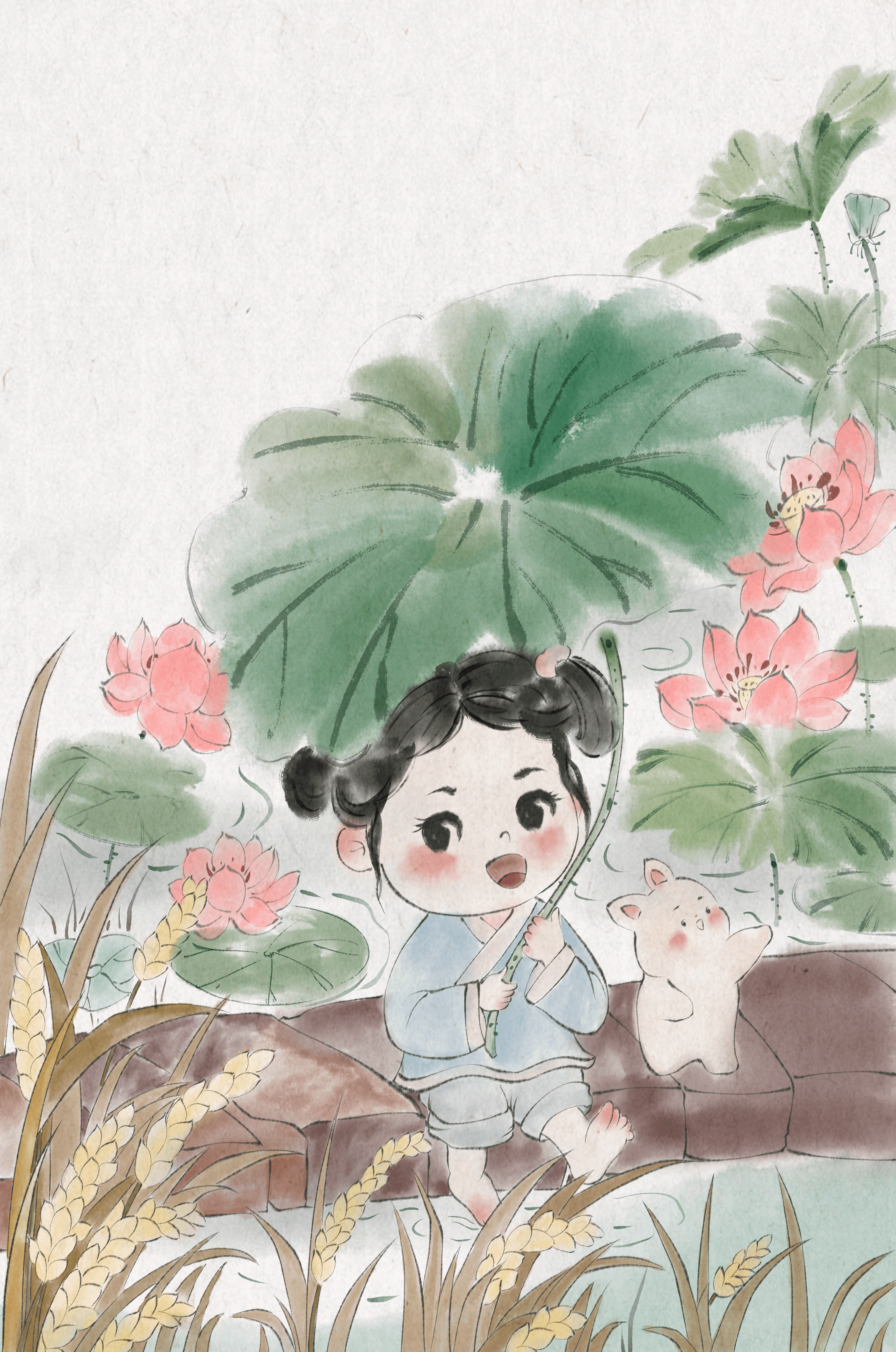 Charming illustration of a child with flowers and a bunny by the water