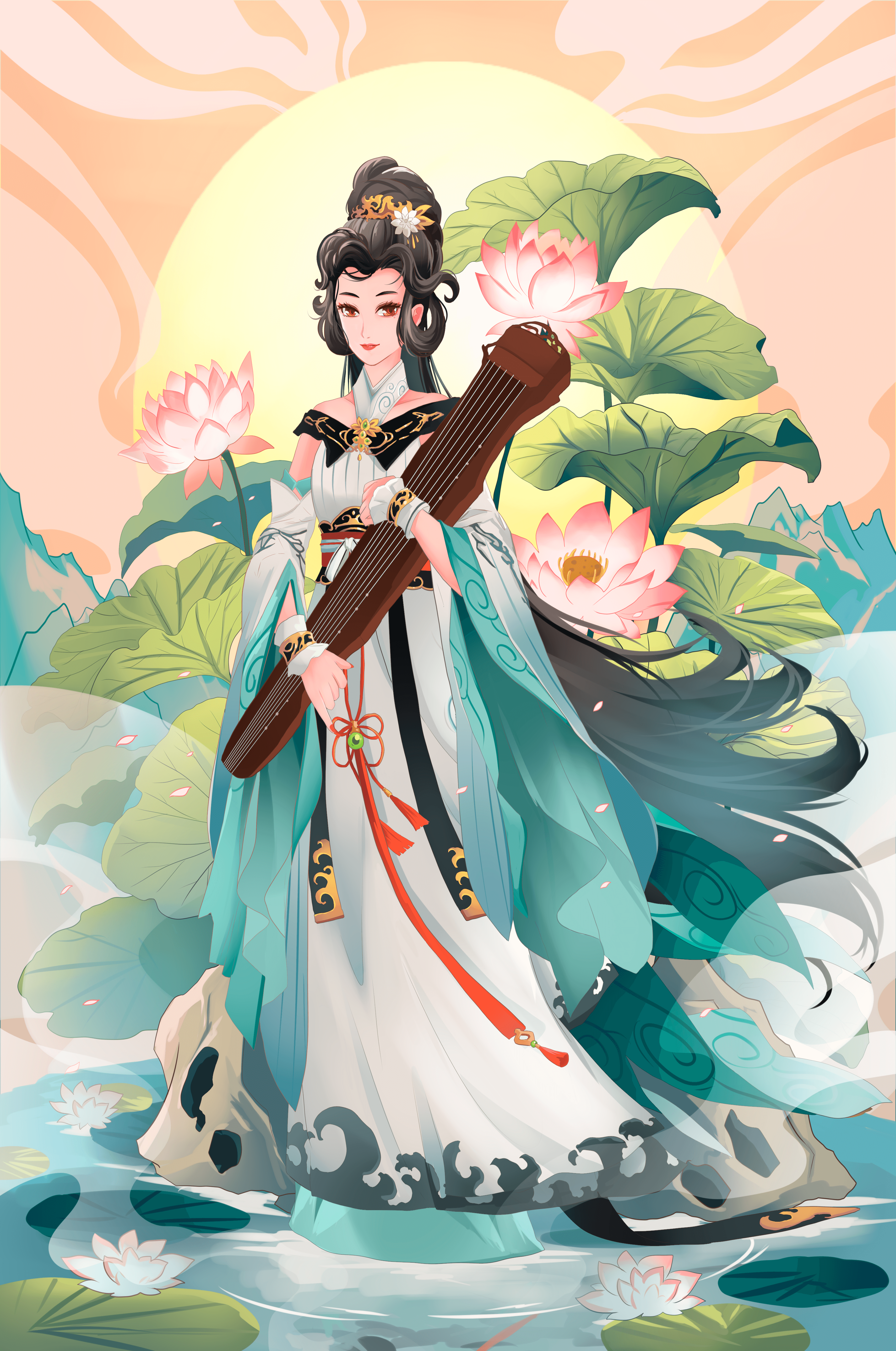Elegant woman with traditional clothing and musical instrument in serene nature setting