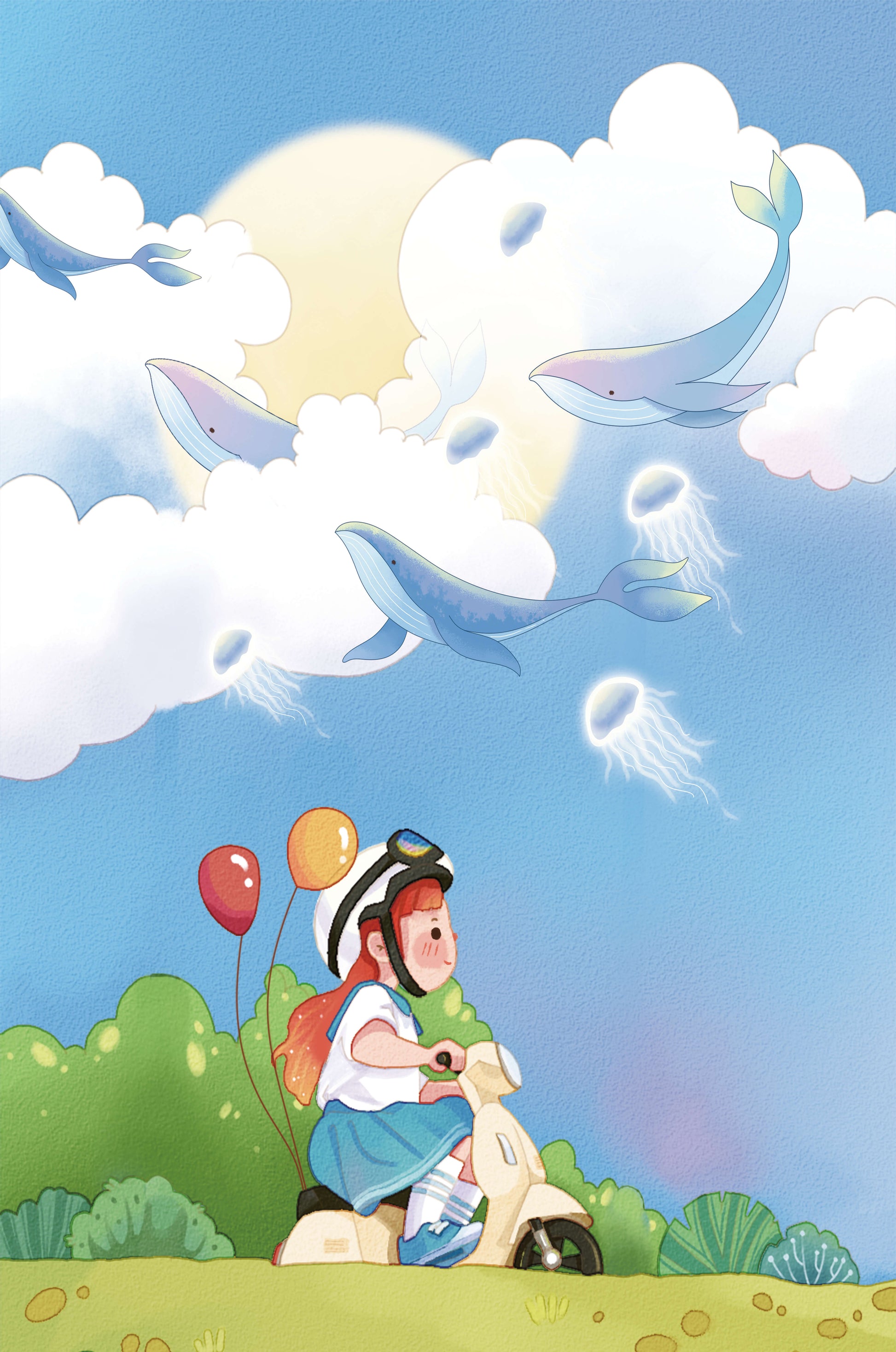 Whimsical illustration of a child riding a scooter with floating whales and balloons