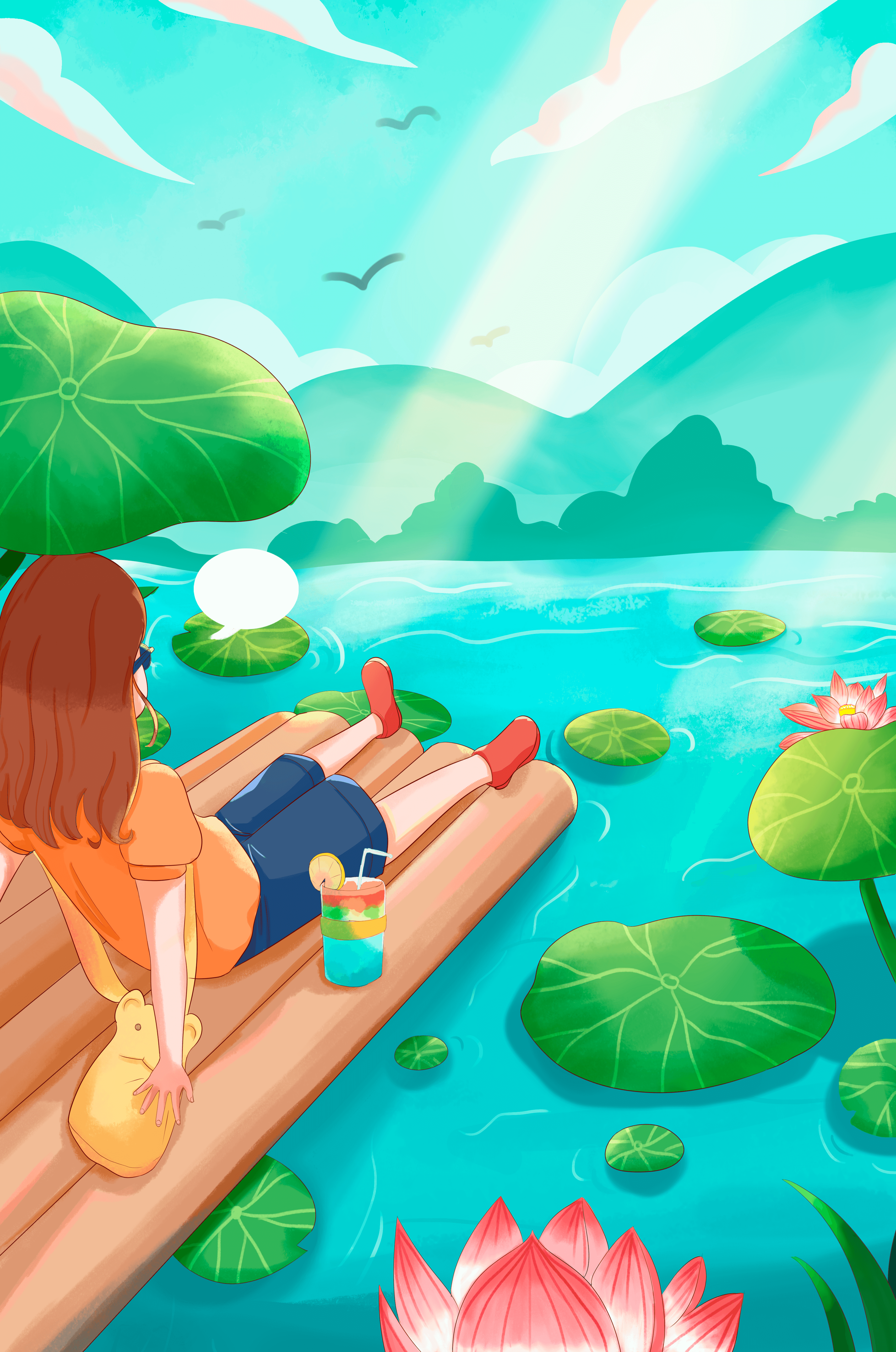 Peaceful lake scene with raft and relaxing atmosphere