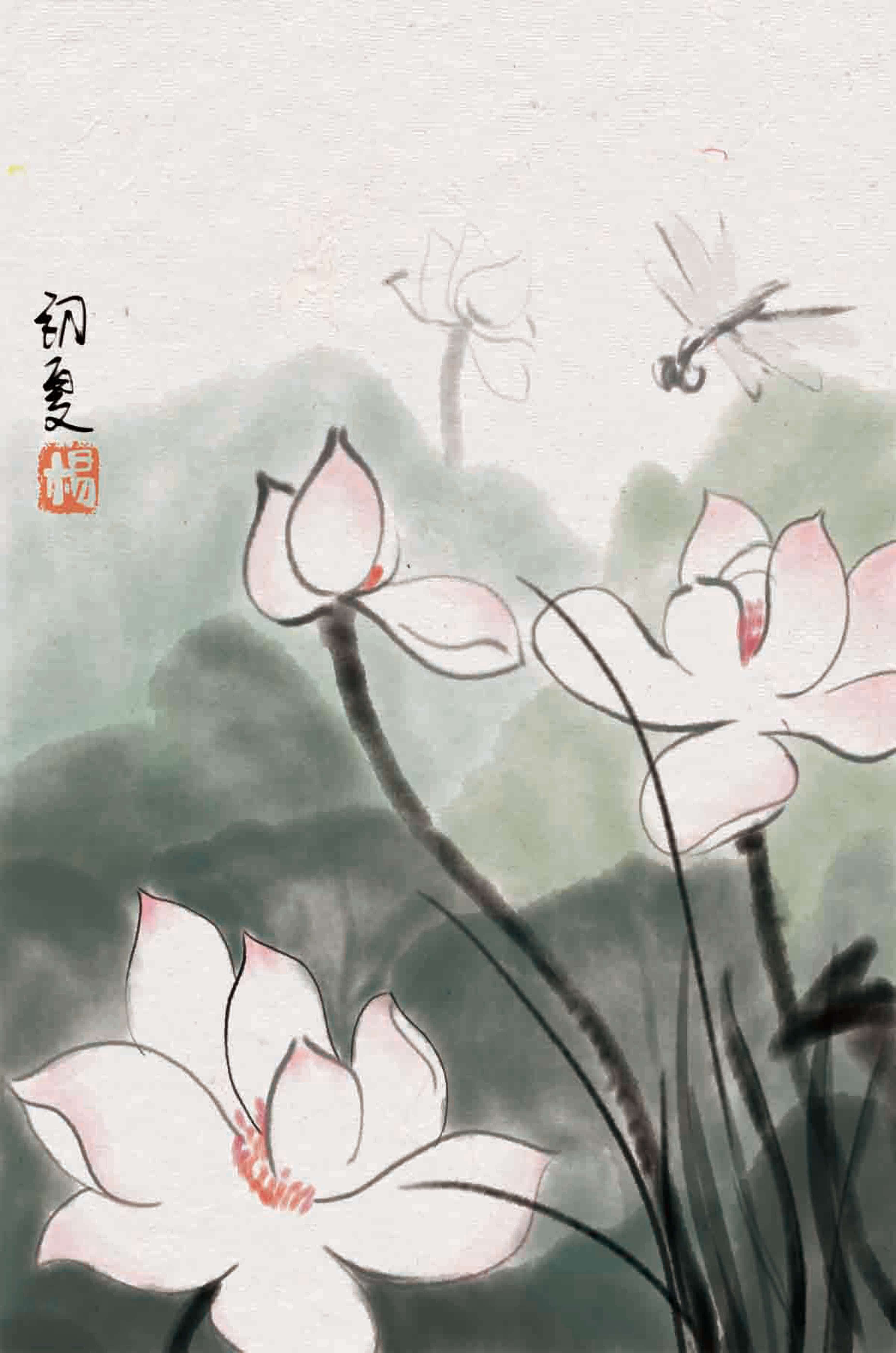 Delicate watercolor of lotus flowers with dragonfly in serene atmosphere