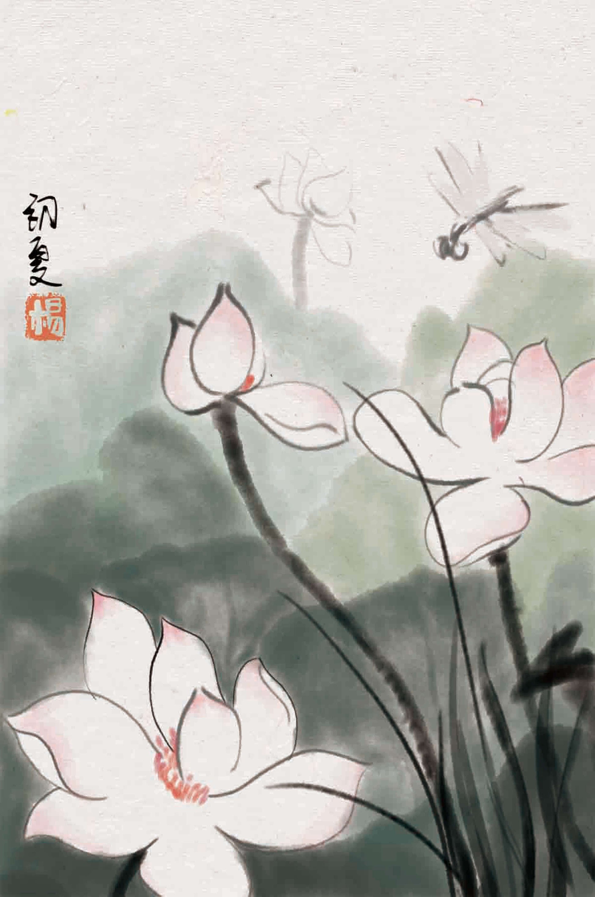 Delicate watercolor of lotus flowers with dragonfly in serene atmosphere