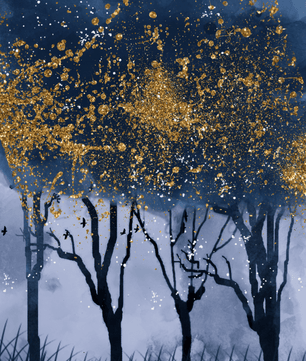 Mystical forest landscape with gold splatter art