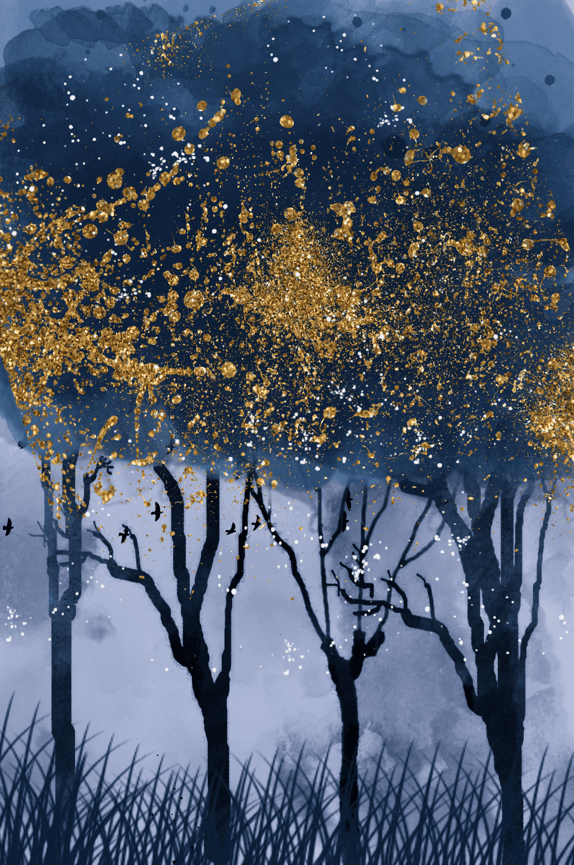 Mystical forest landscape with gold splatter art
