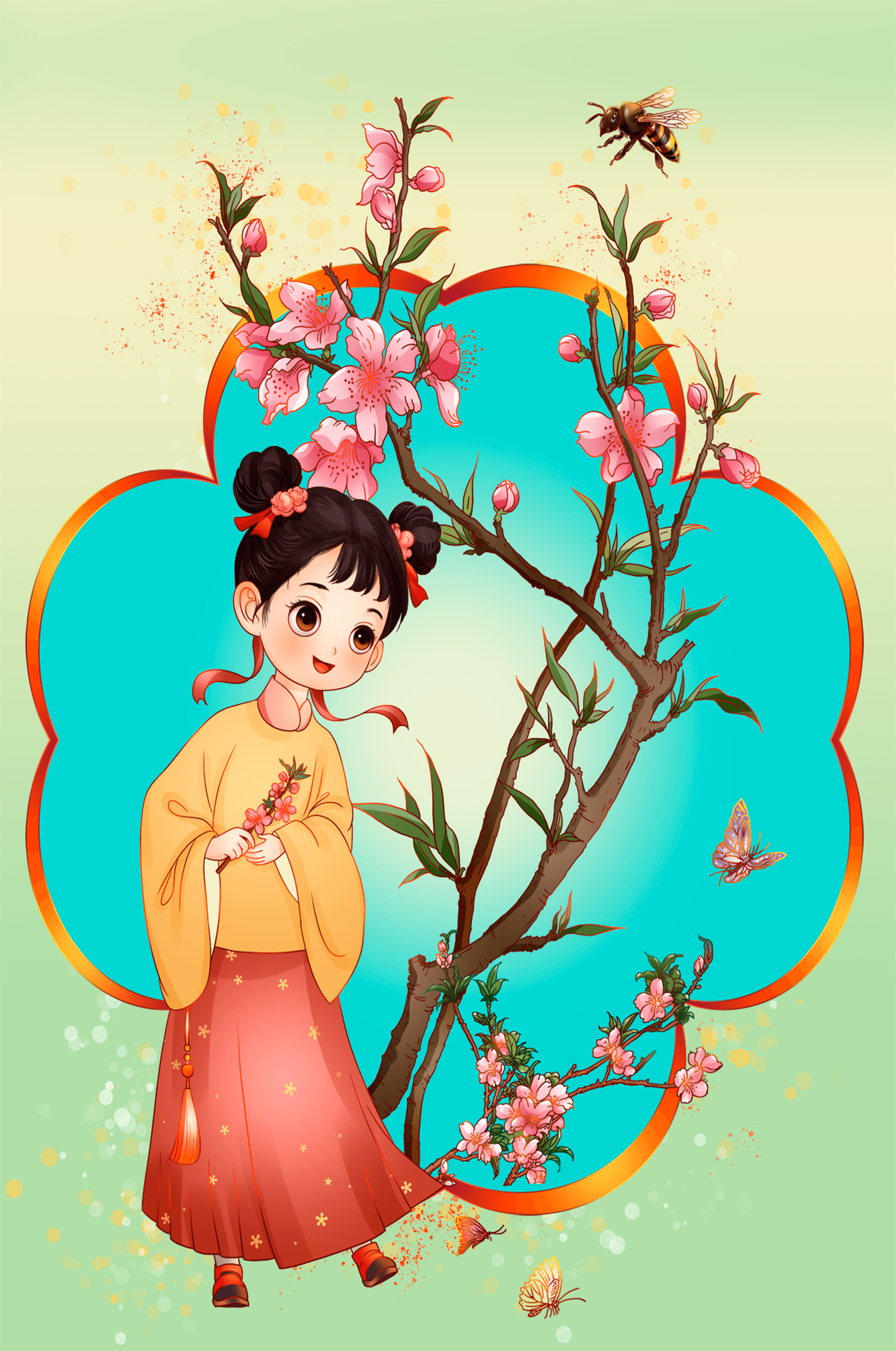 Illustration of a girl with cherry blossoms and butterflies