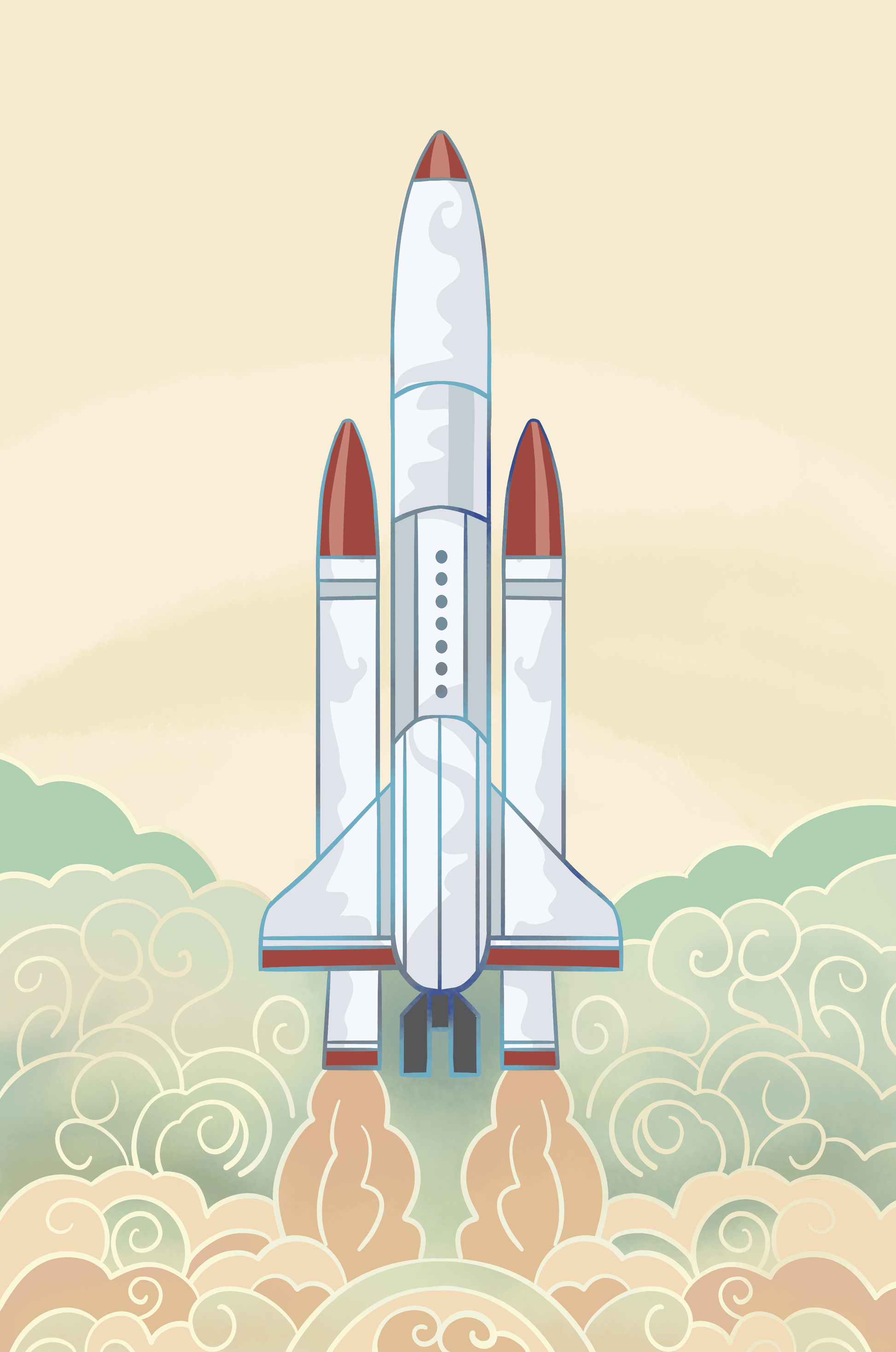 Colorful rocket launch from vintage-style clouds