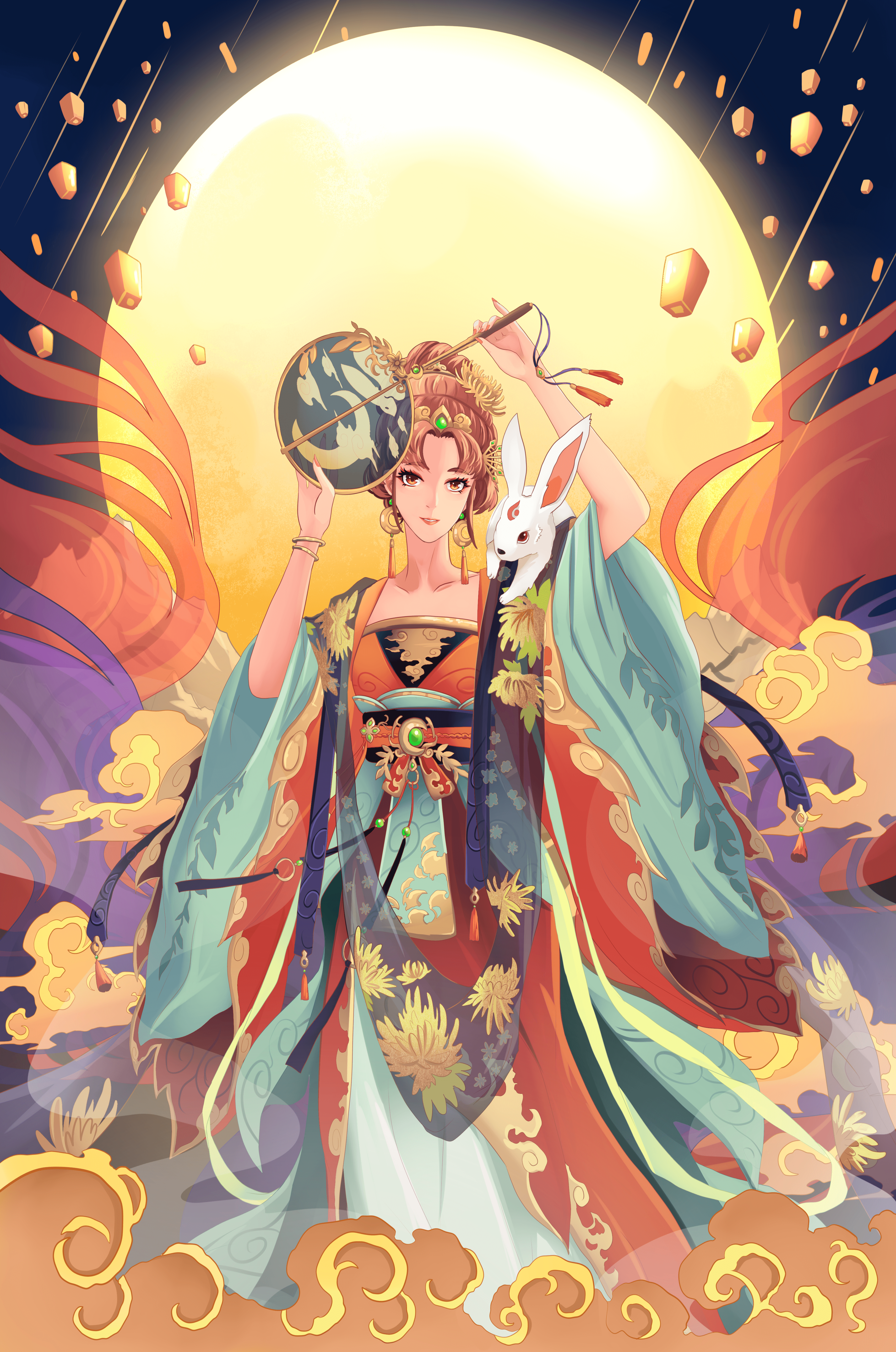 Elegant fantasy illustration with celestial elements and rabbit