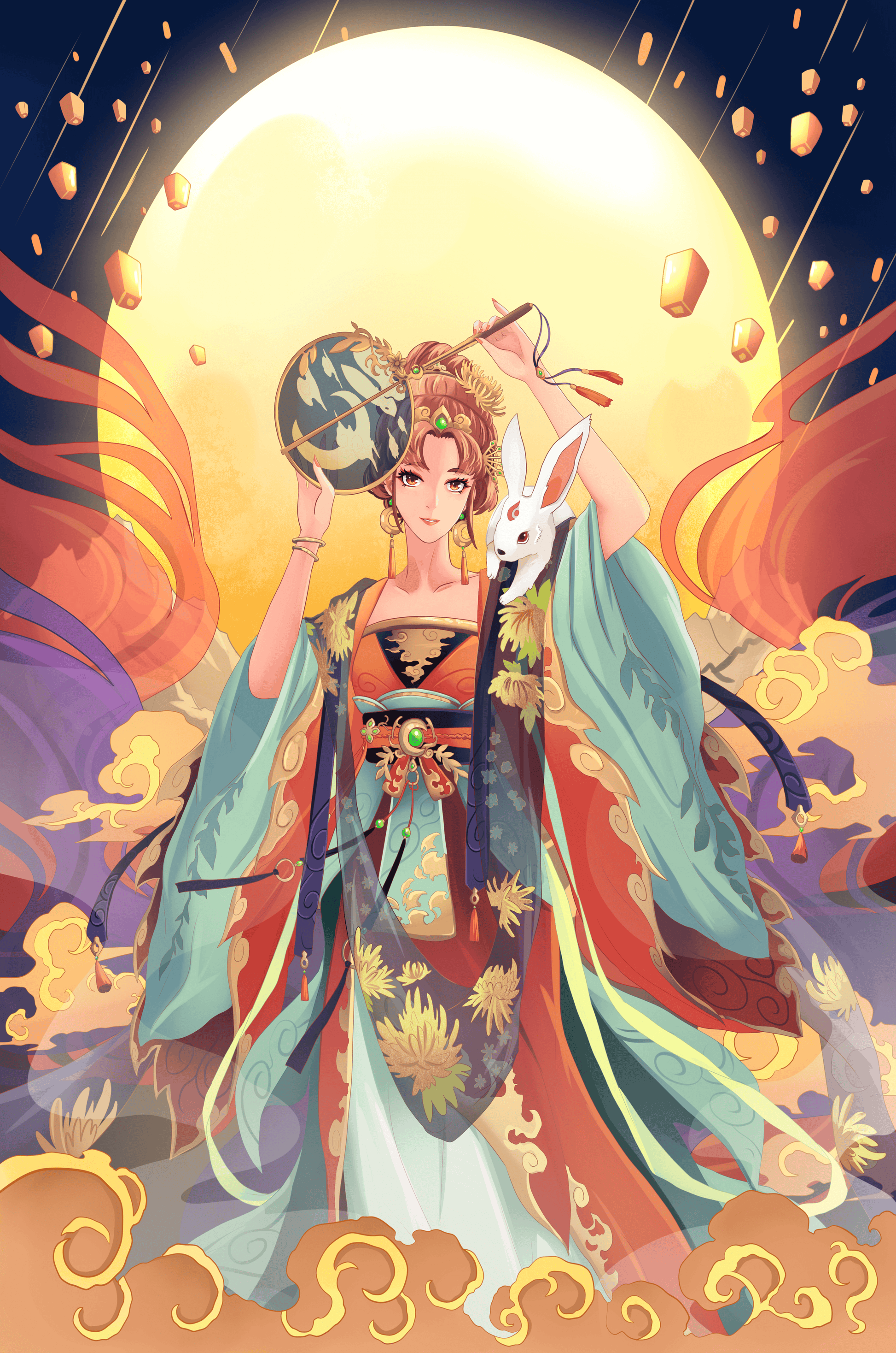 Elegant fantasy illustration with celestial elements and rabbit