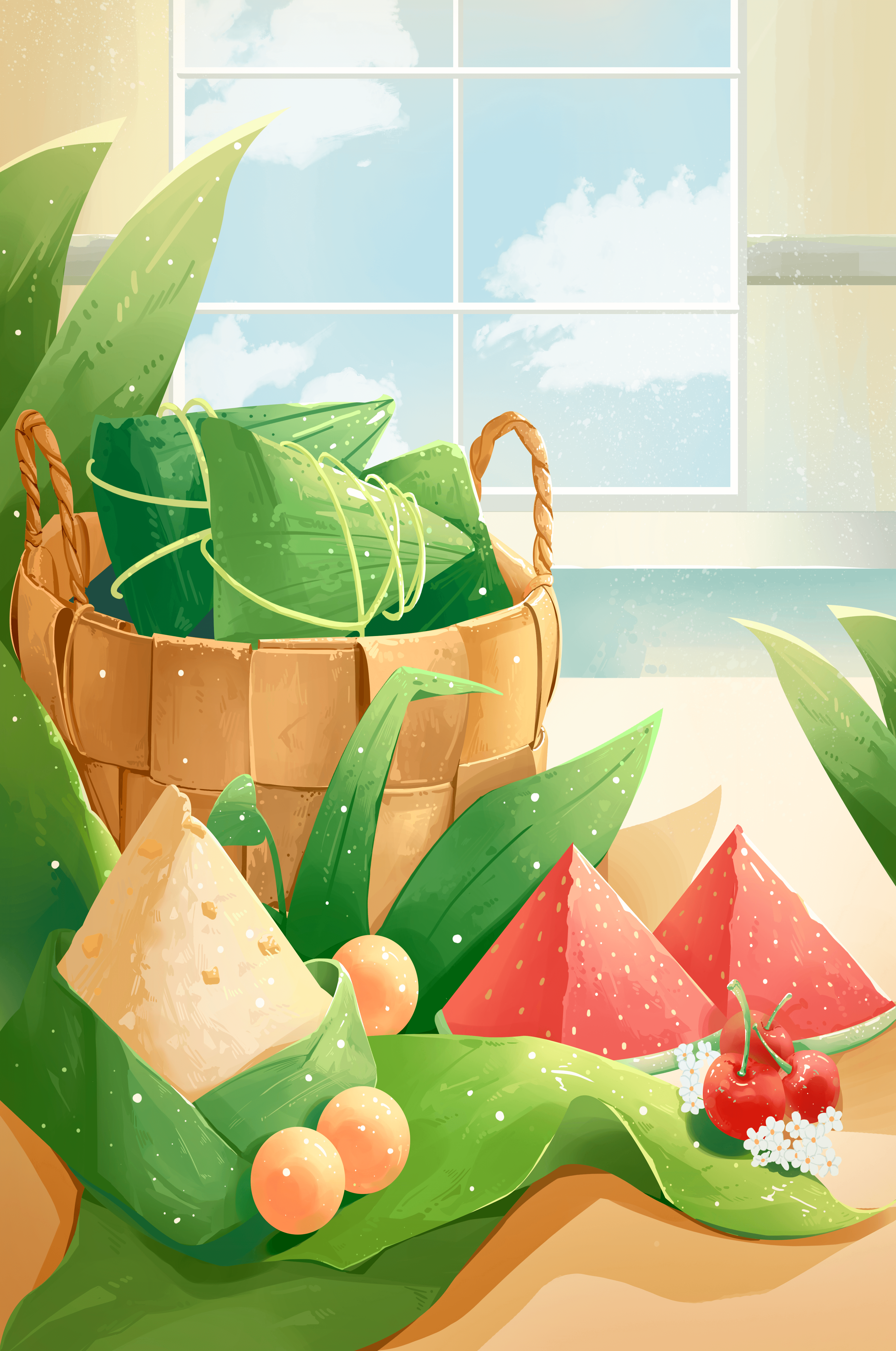 Serene kitchen scene with basket of fruits and leaves
