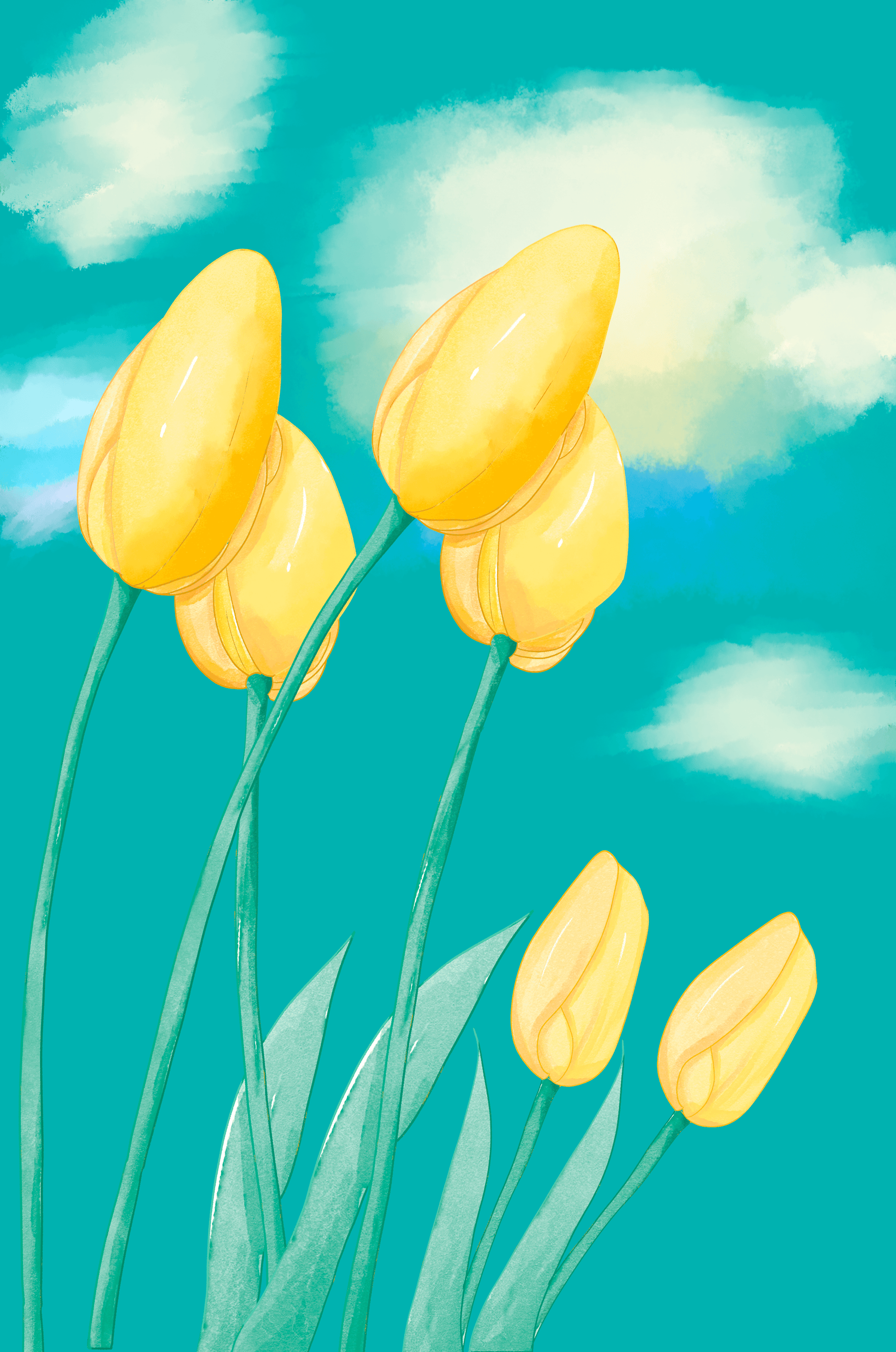 Stylized yellow tulips against a cloudy blue sky background