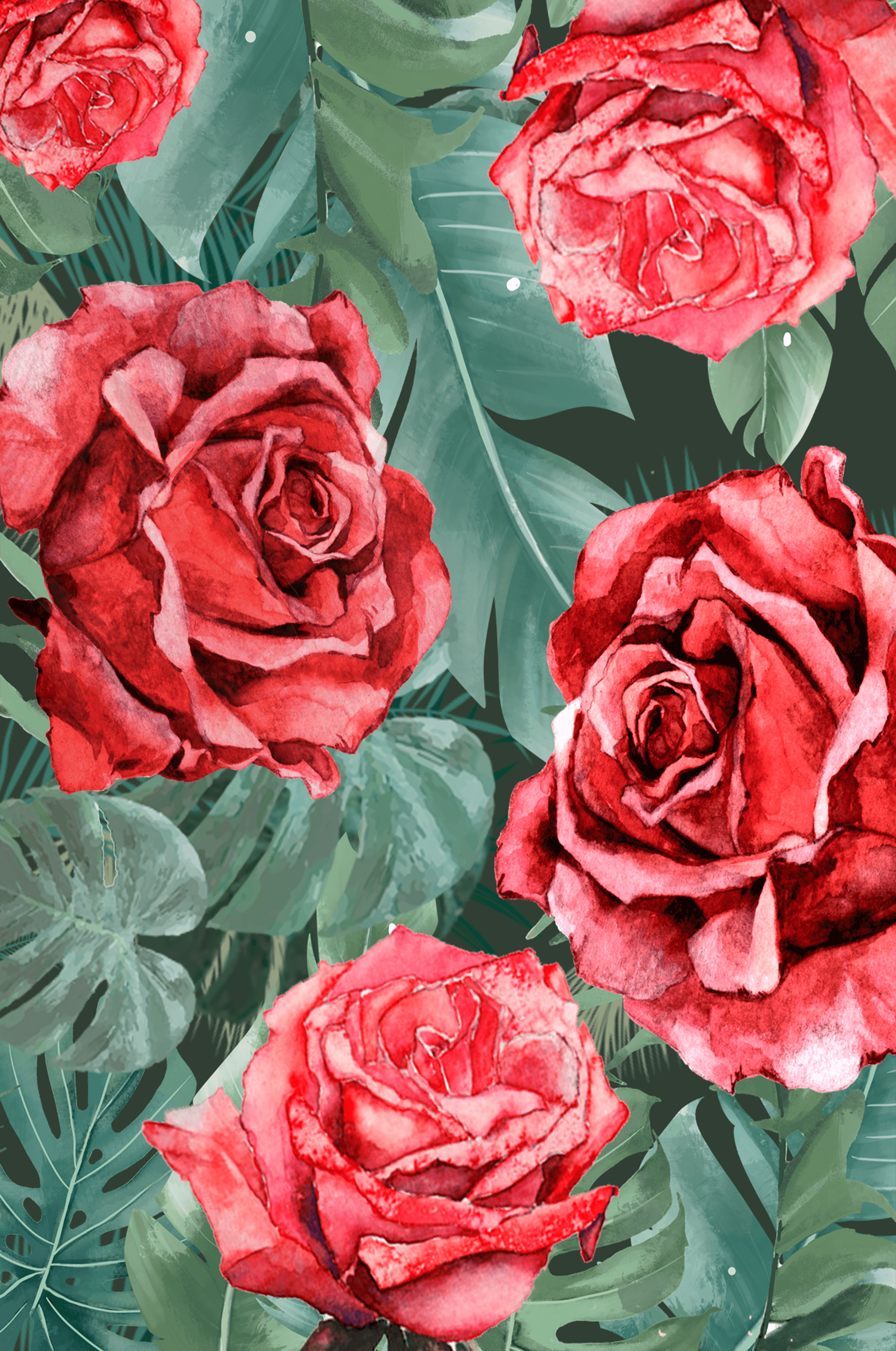 Red roses and green foliage pattern in watercolor style