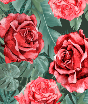 Red roses and green foliage pattern in watercolor style