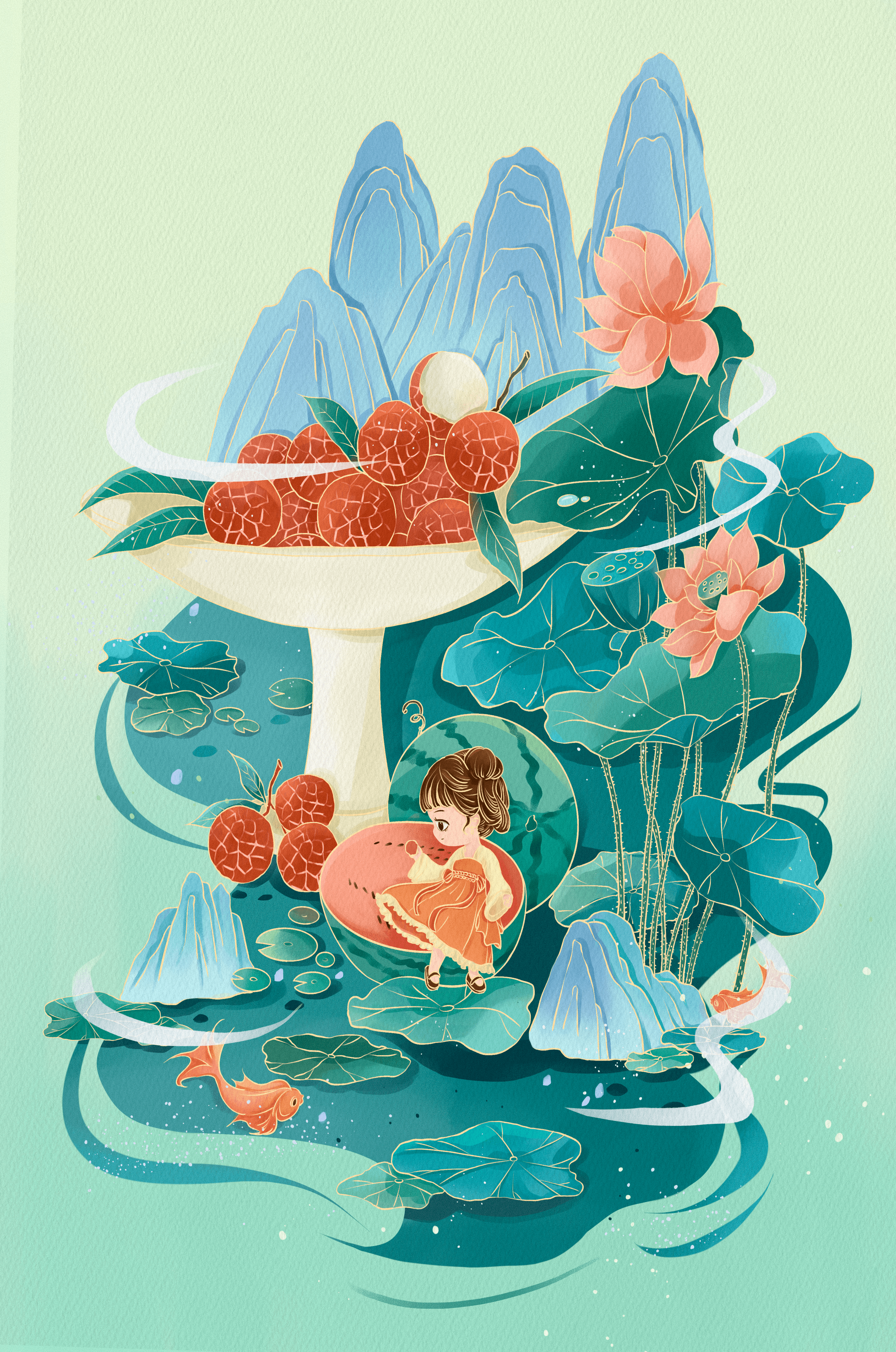 Whimsical illustration with girl, lychee, and lotus flowers