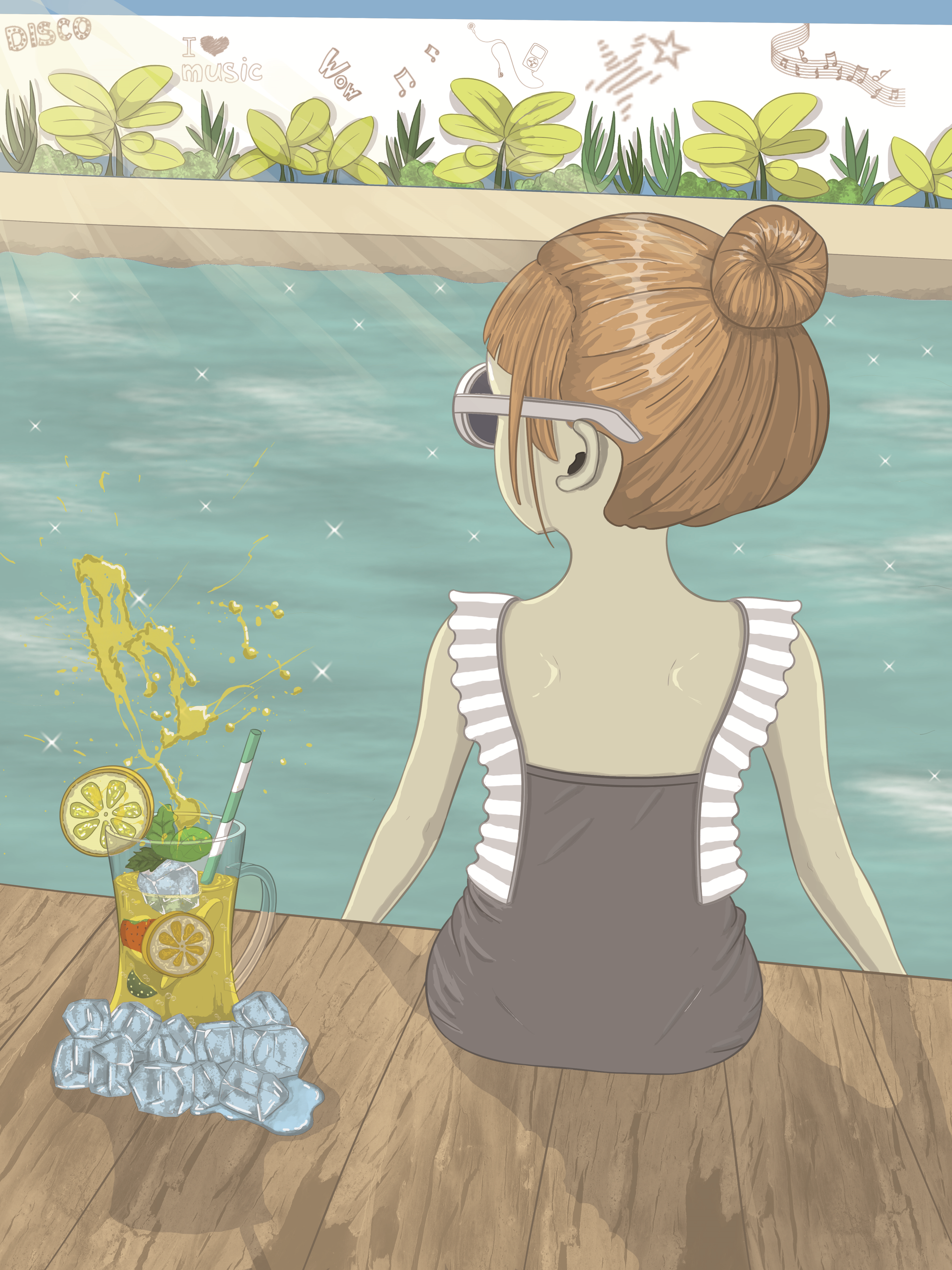 Woman relaxing by the pool with a refreshing drink and greenery